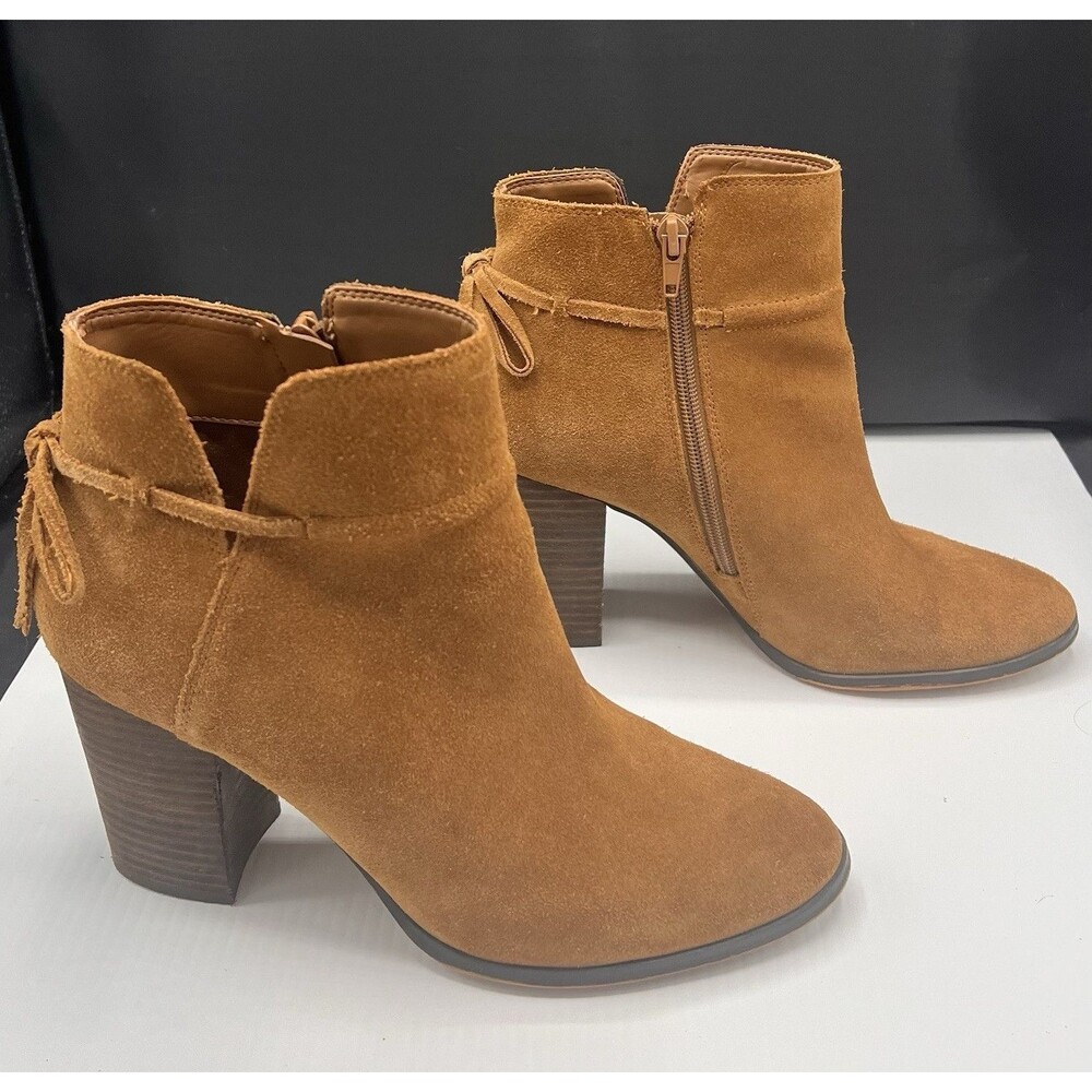 Gibson Latimer Brown Suede Leather Ankle Bootie Side Zip Tie Back Cognac 9 M 🍁